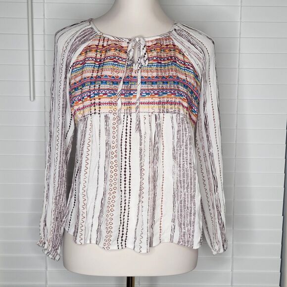 Savannah Jane White Boho Peasant Ren Fest Southwestern Ikat Blouse Size Small - Picture 1 of 6